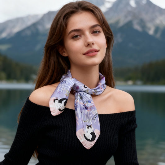 Yogis Cat and Flower Pink and Purple Silky Scarf (60cm)