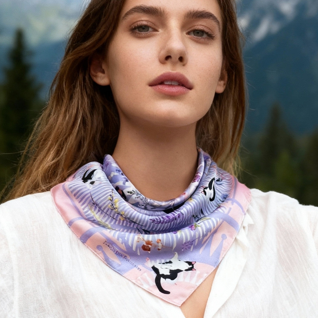 Yogis Cat and Flower Pink and Purple Silky Scarf (60cm)