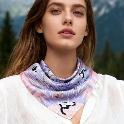 Yogis Cat and Flower Pink and Purple Silky Scarf (60cm)