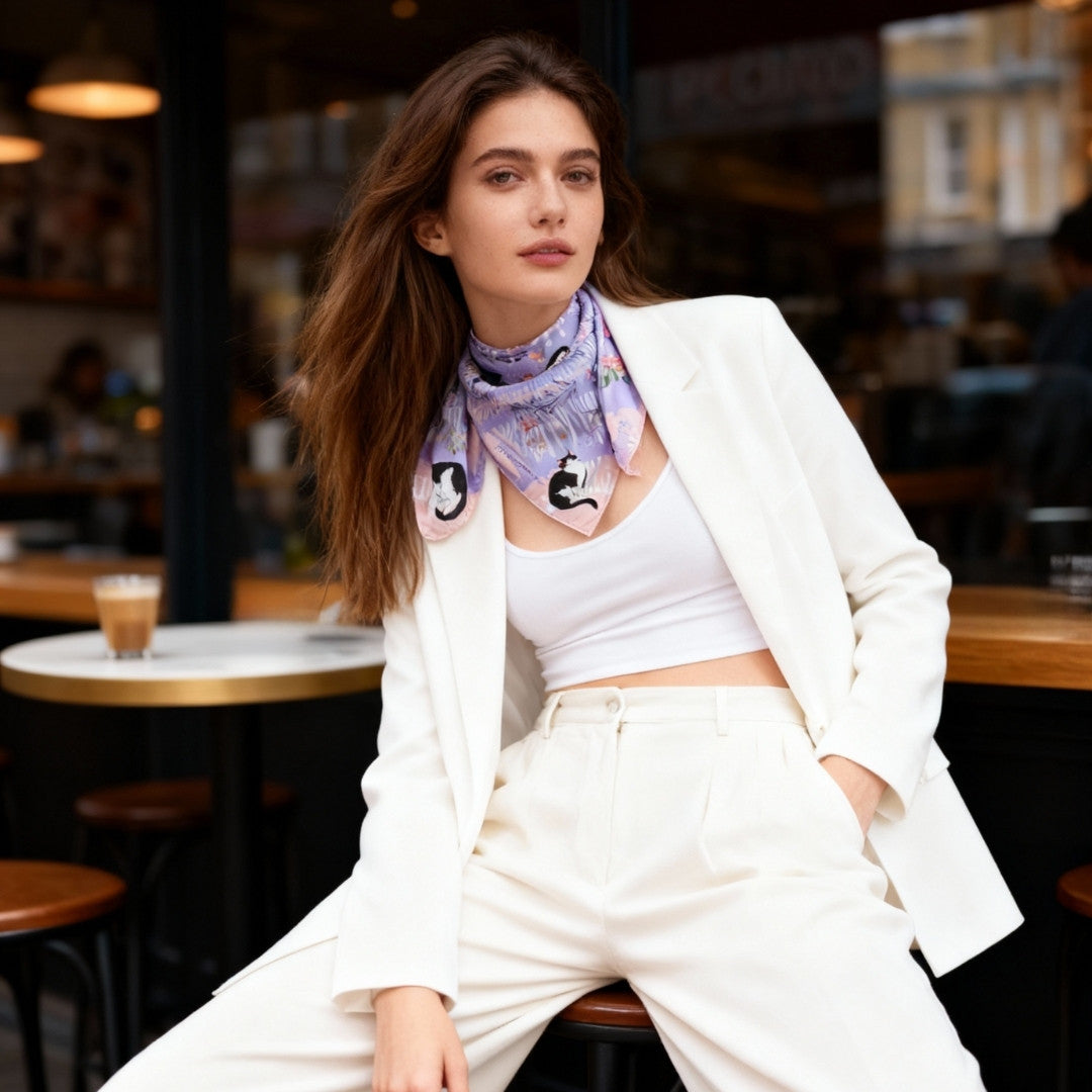 Yogis Cat and Flower Pink and Purple Silky Scarf (60cm)