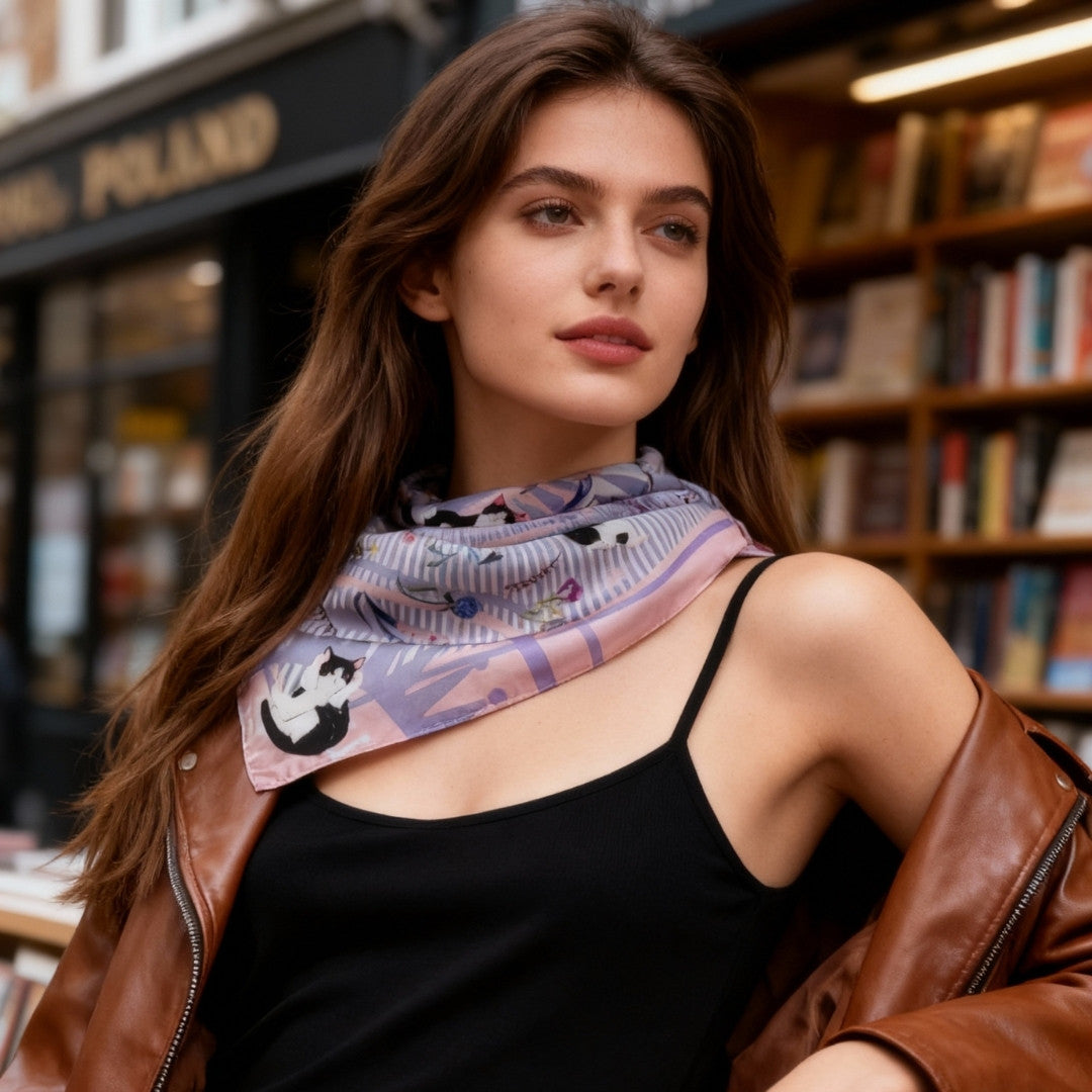 Yogis Cat and Flower Pink and Purple Silky Scarf (60cm)