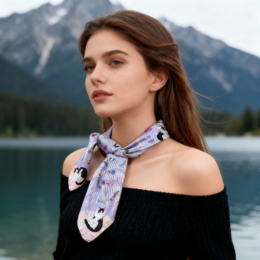 Yogis Cat and Flower Pink and Purple Silky Scarf (60cm)