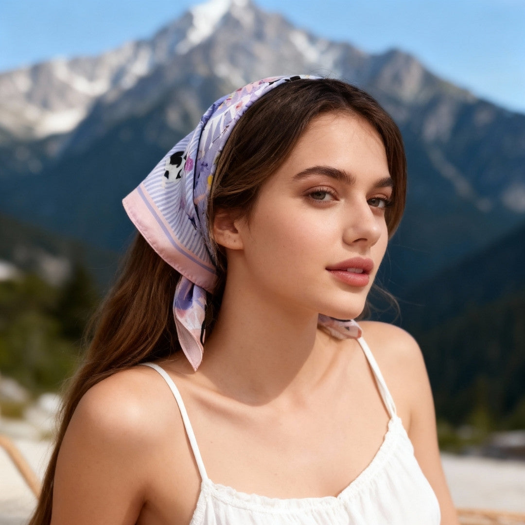 Yogis Cat and Flower Pink and Purple Silky Scarf (60cm)