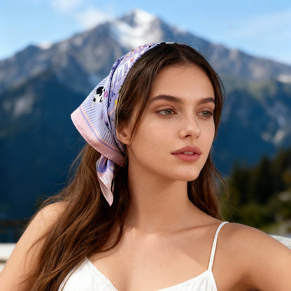 Yogis Cat and Flower Pink and Purple Silky Scarf (60cm)