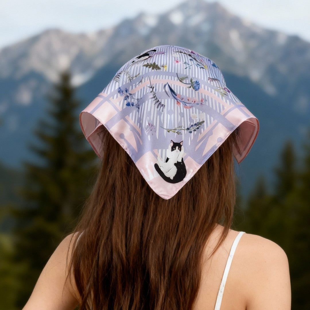 Yogis Cat and Flower Pink and Purple Silky Scarf (60cm)