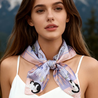 Yogis Cat and Flower Pink and Purple Silky Scarf (60cm)