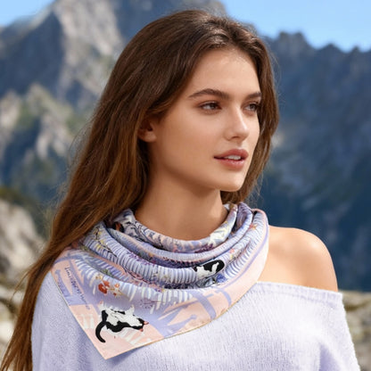 Yogis Cat and Flower Pink and Purple Silky Scarf (60cm)