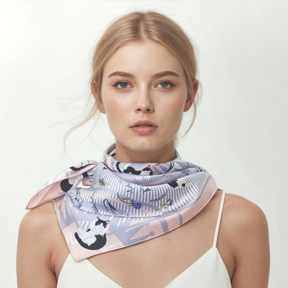 Yogis Cat and Flower Pink and Purple Silky Scarf (60cm)
