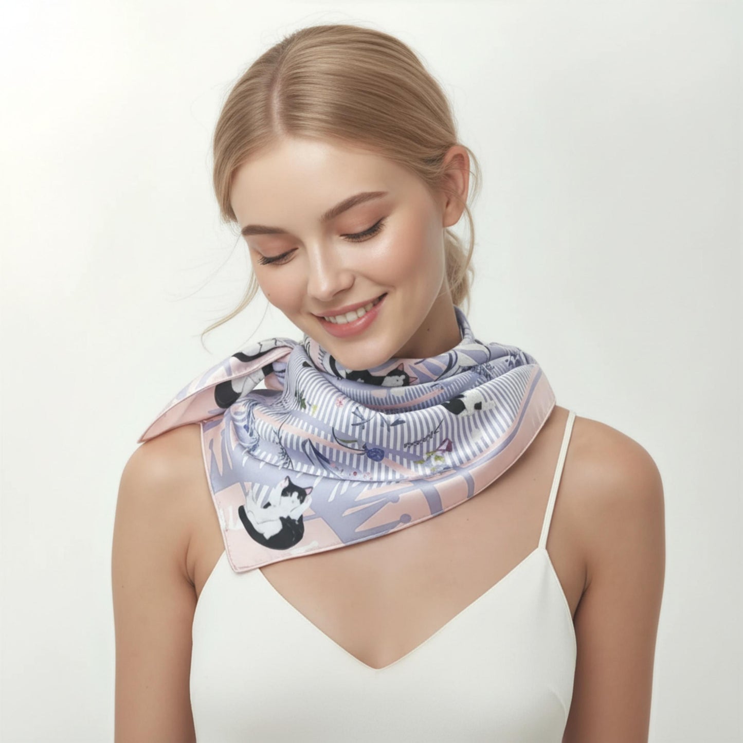 Yogis Cat and Flower Pink and Purple Silky Scarf (60cm)