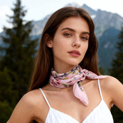 Yogis Cat and Flower Pink Field Silky Scarf (90cm)