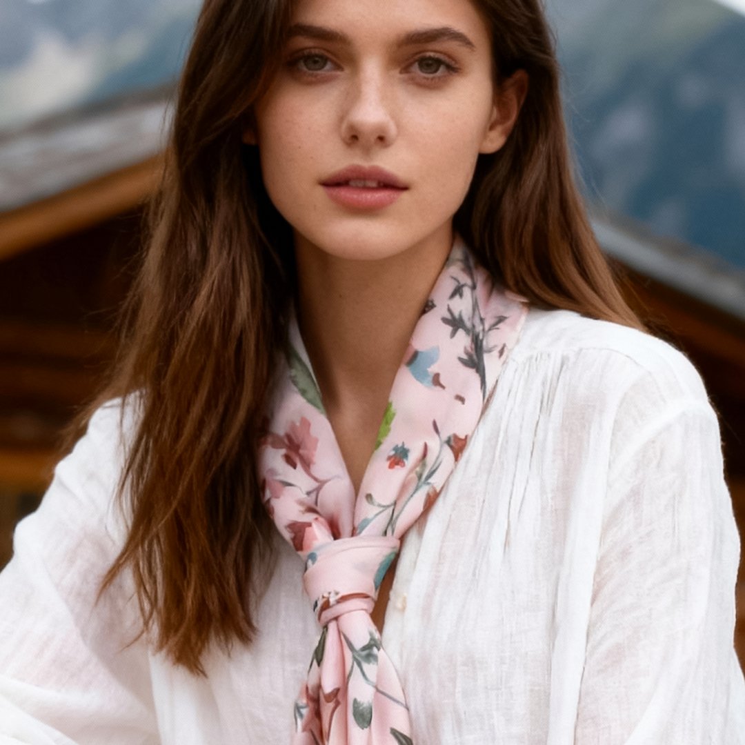 Yogis Cat and Flower Pink Field Silky Scarf (90cm)