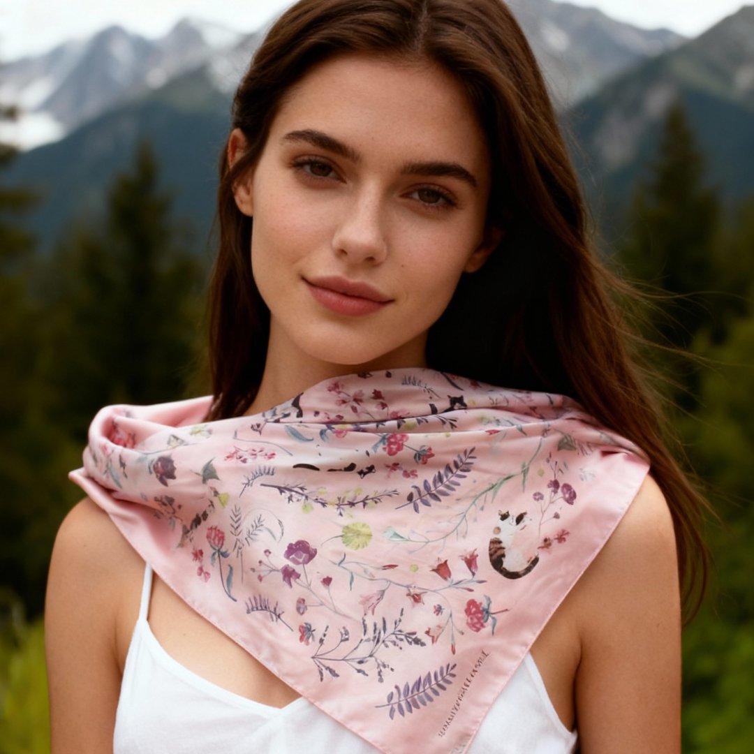 Yogis Cat and Flower Pink Field Silky Scarf (90cm)