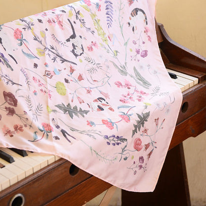 Yogis Cat and Flower Pink Field Silky Scarf (90cm)