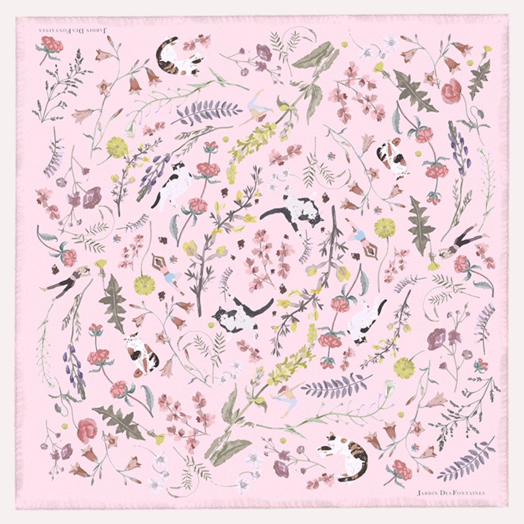 Yogis Cat and Flower Pink Field Silky Scarf (90cm)