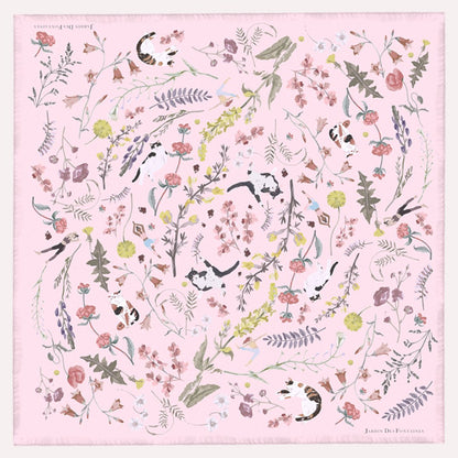 Yogis Cat and Flower Pink Field Silky Scarf (90cm)