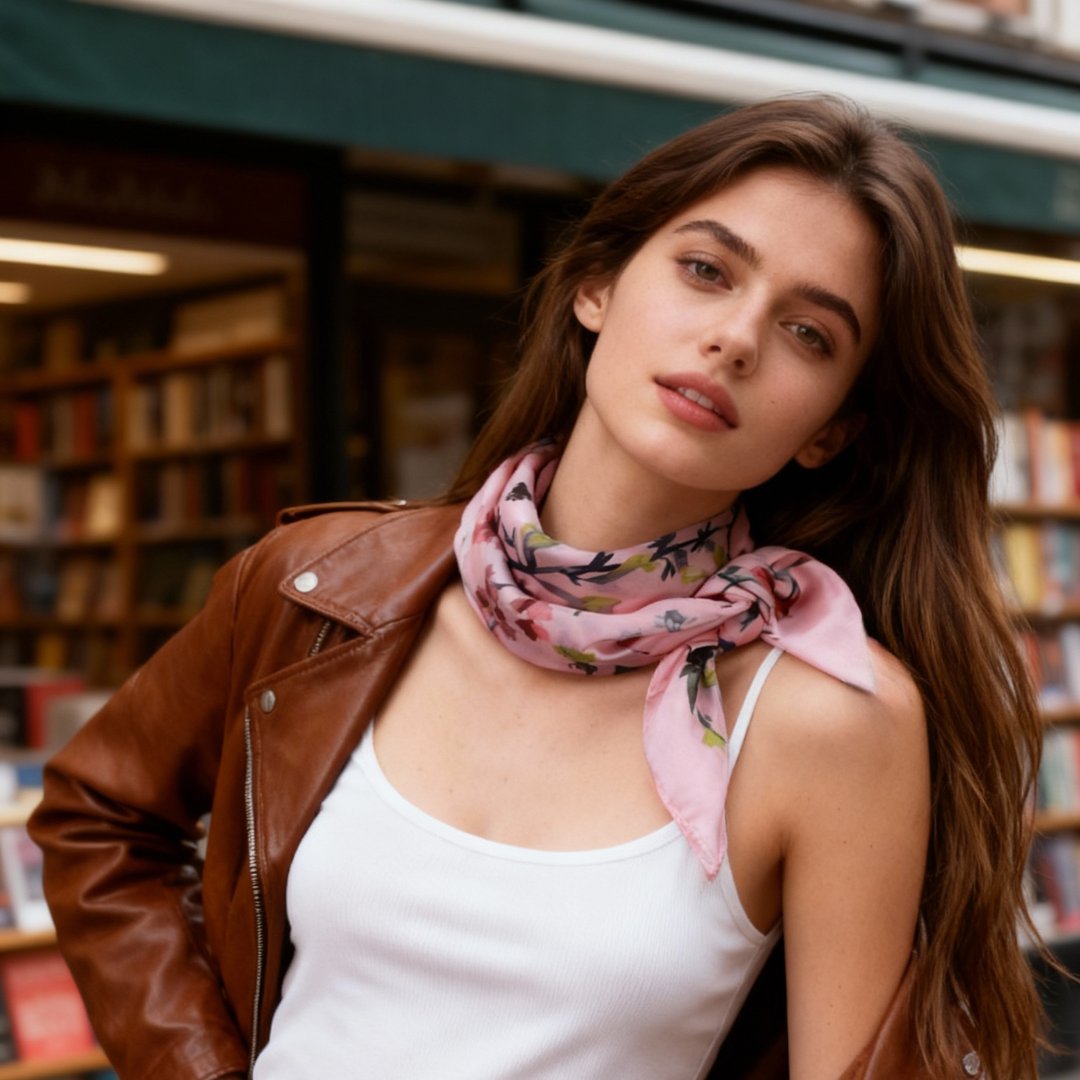 Yogis Cat and Flower Pink Field Silky Scarf (90cm)