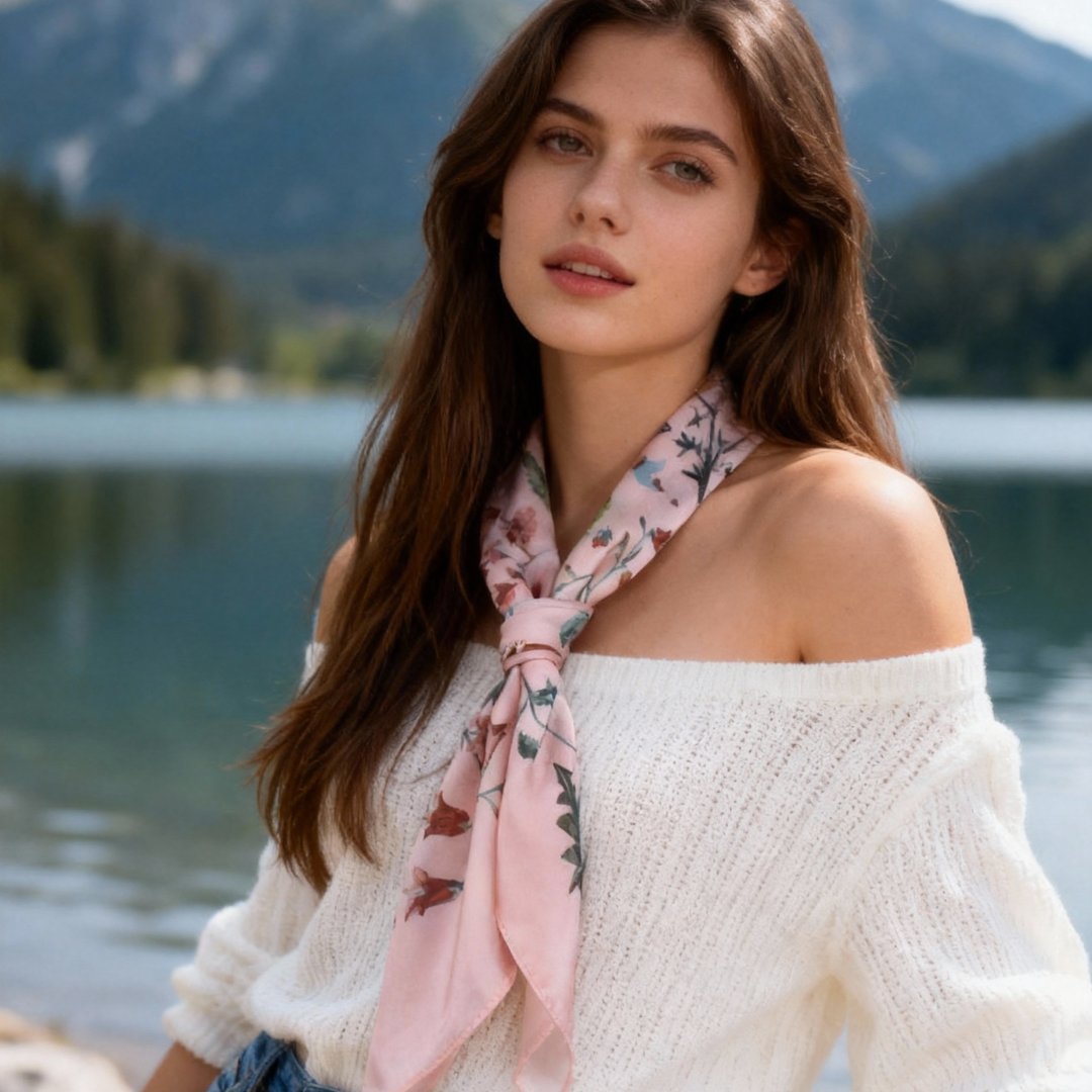 Yogis Cat and Flower Pink Field Silky Scarf (90cm)