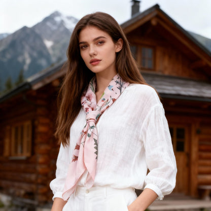 Yogis Cat and Flower Pink Field Silky Scarf (90cm)