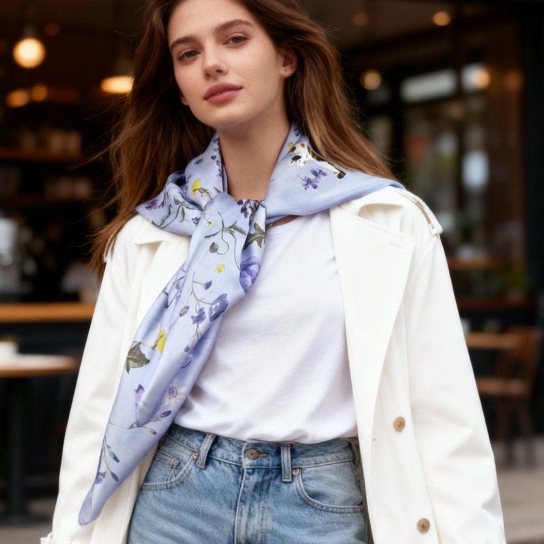 Yogis Cat and Flower Purple Silky Scarf (90cm)