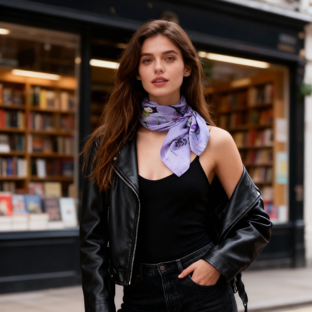 Yogis Cat and Flower Purple Silky Scarf (90cm)