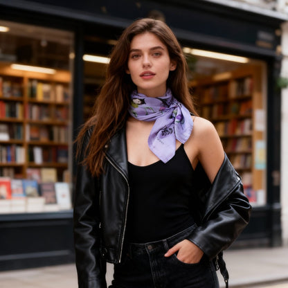 Yogis Cat and Flower Purple Silky Scarf (90cm)