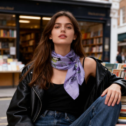 Yogis Cat and Flower Purple Silky Scarf (90cm)