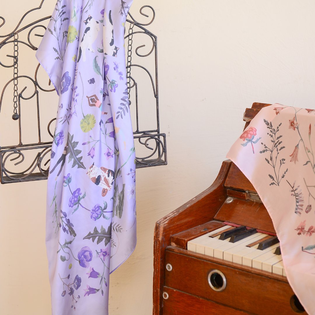 Yogis Cat and Flower Purple Silky Scarf (90cm)