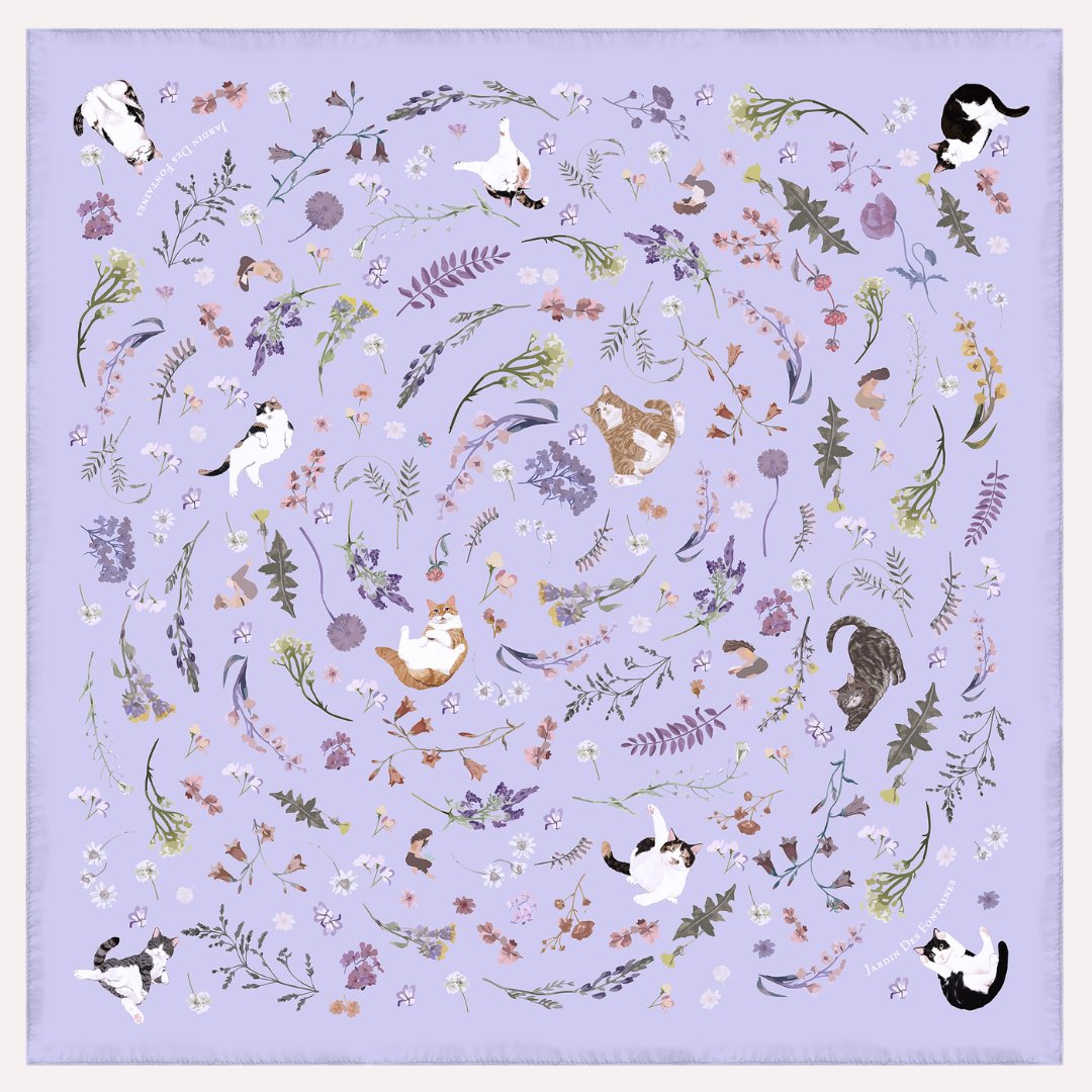 Yogis Cat and Flower Purple Silky Scarf (90cm)