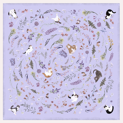 Yogis Cat and Flower Purple Silky Scarf (90cm)