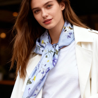 Yogis Cat and Flower Purple Silky Scarf (90cm)