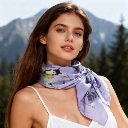 Yogis Cat and Flower Purple Silky Scarf (90cm)