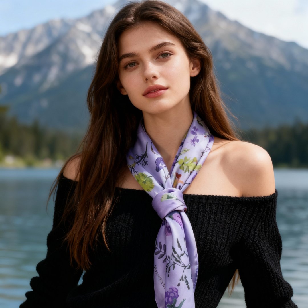 Yogis Cat and Flower Purple Silky Scarf (90cm)