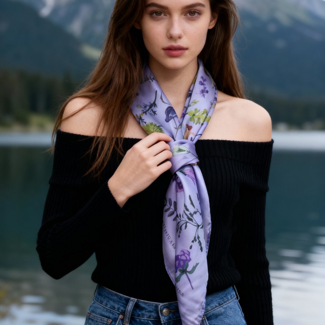 Yogis Cat and Flower Purple Silky Scarf (90cm)