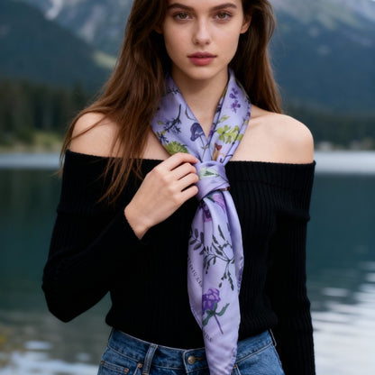 Yogis Cat and Flower Purple Silky Scarf (90cm)