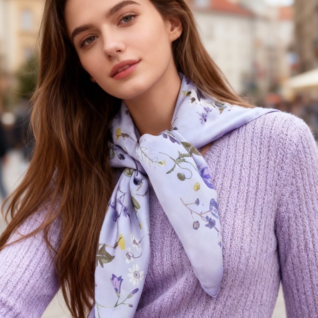 Yogis Cat and Flower Purple Silky Scarf (90cm)