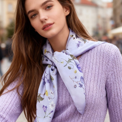 Yogis Cat and Flower Purple Silky Scarf (90cm)