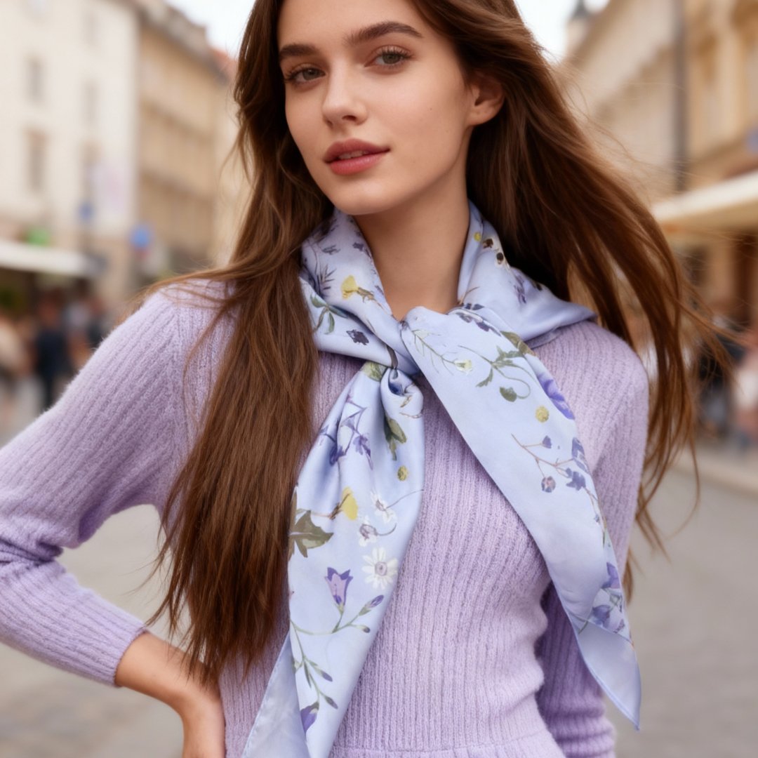 Yogis Cat and Flower Purple Silky Scarf (90cm)