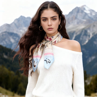 Yogis Cat and Flower Yellow Field Silky Scarf (90cm)