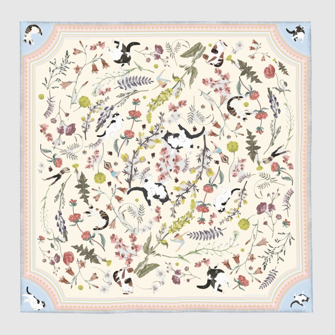 Yogis Cat and Flower Yellow Field Silky Scarf (90cm)