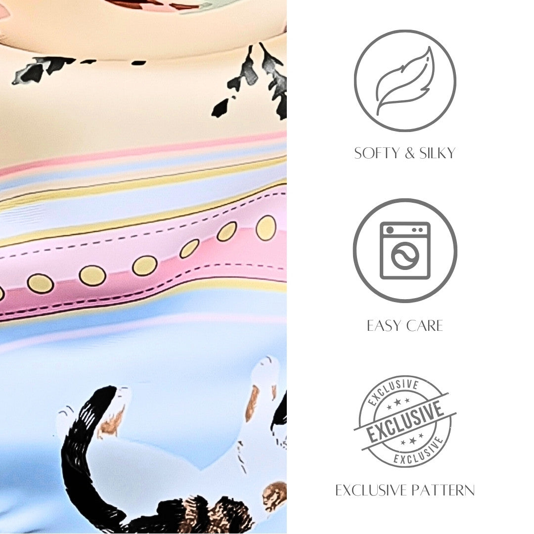 Yogis Cat and Flower Yellow Field Silky Scarf (90cm)