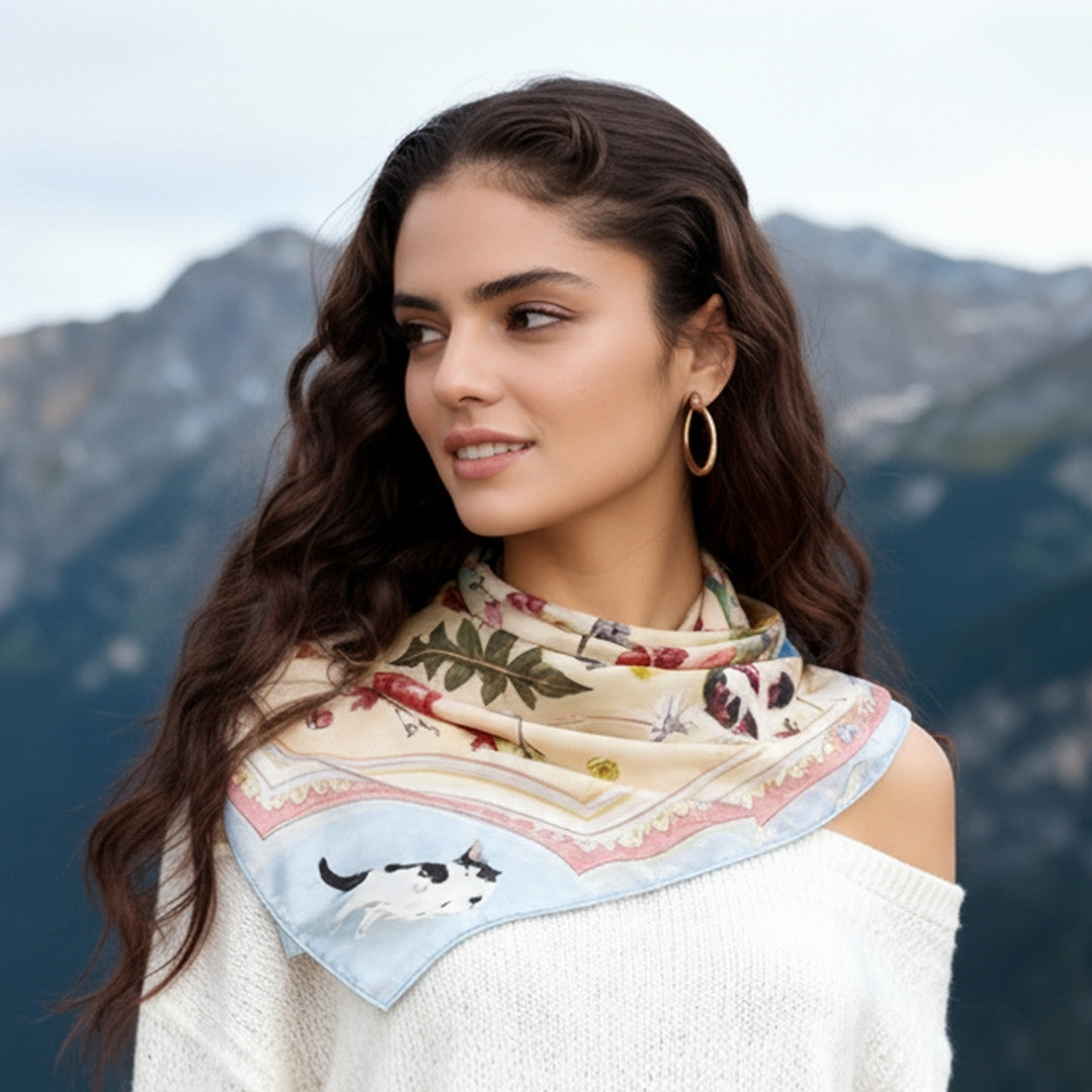 Yogis Cat and Flower Yellow Field Silky Scarf (90cm)