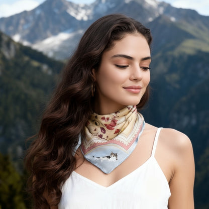 Yogis Cat and Flower Yellow Field Silky Scarf (90cm)