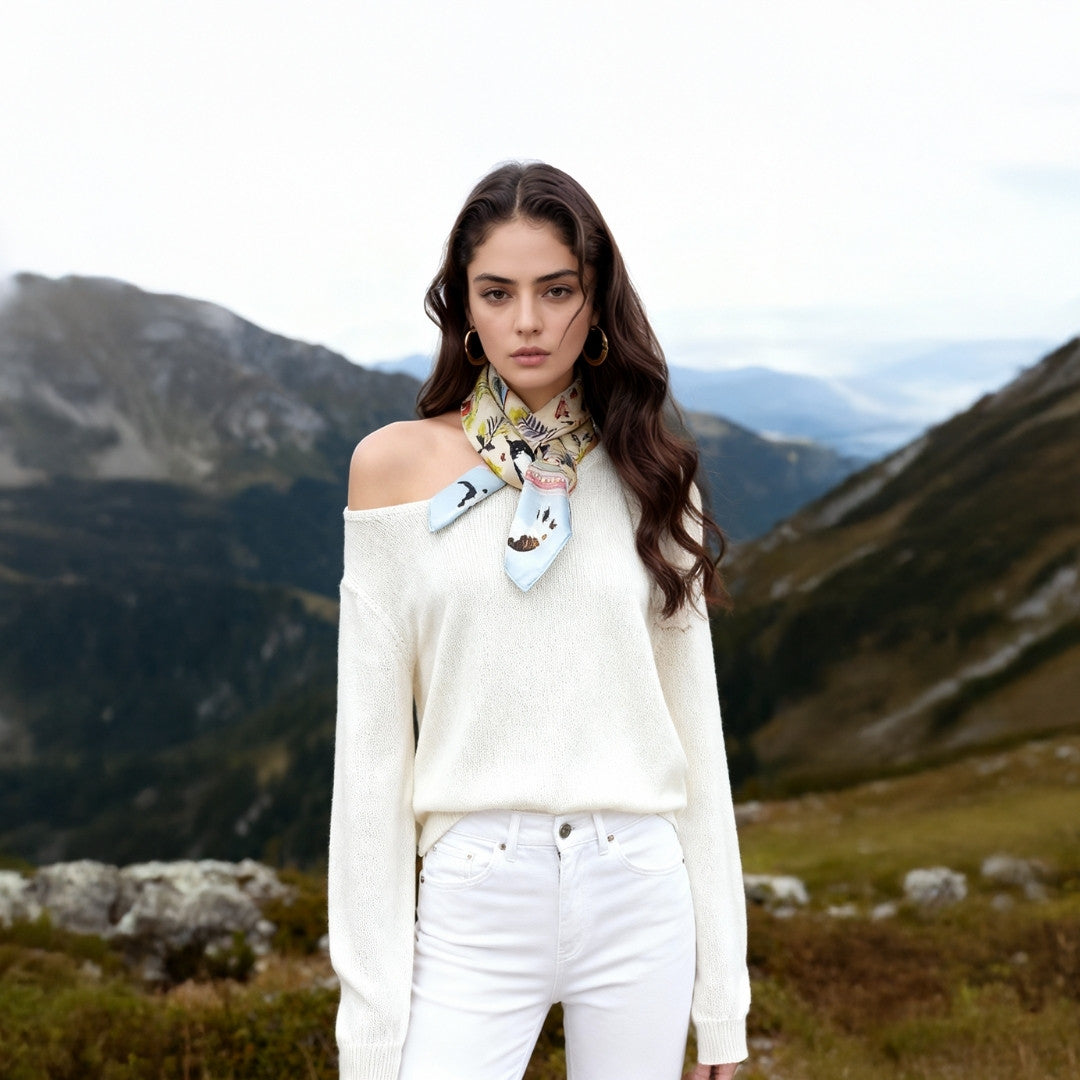 Yogis Cat and Flower Yellow Field Silky Scarf (90cm)