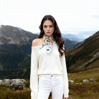 Yogis Cat and Flower Yellow Field Silky Scarf (90cm)