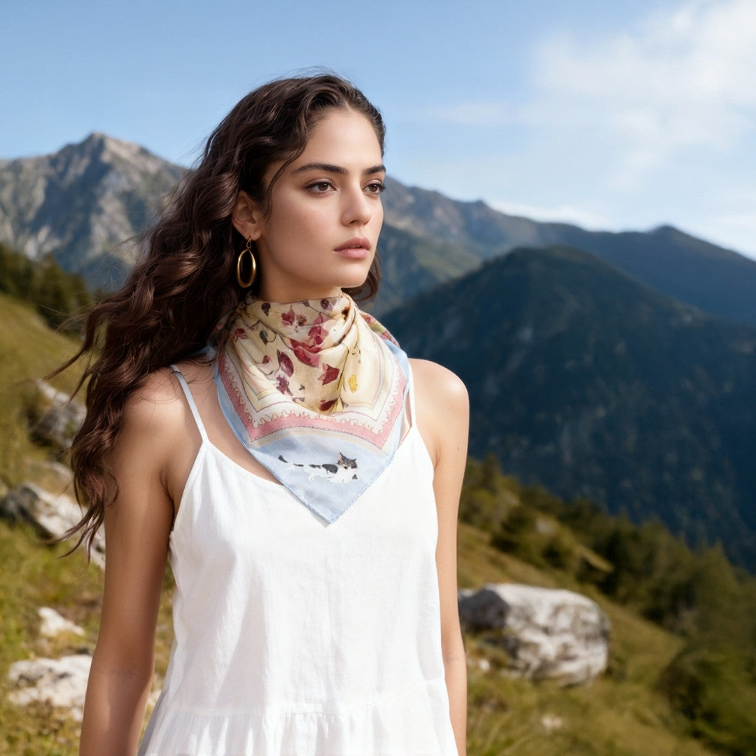 Yogis Cat and Flower Yellow Field Silky Scarf (90cm)