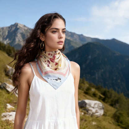 Yogis Cat and Flower Yellow Field Silky Scarf (90cm)