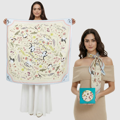 Yogis Cat and Flower Yellow Field Silky Scarf (90cm)