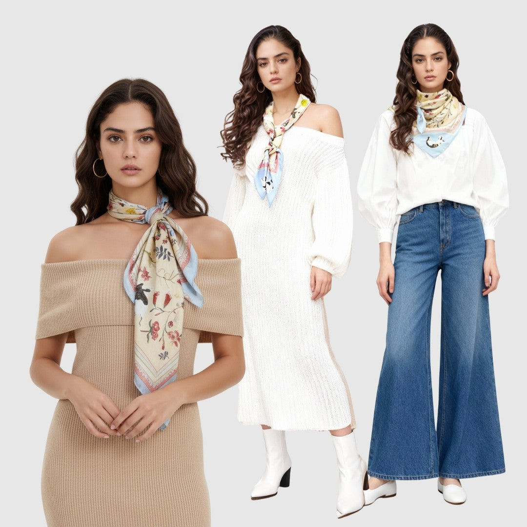 Yogis Cat and Flower Yellow Field Silky Scarf (90cm)