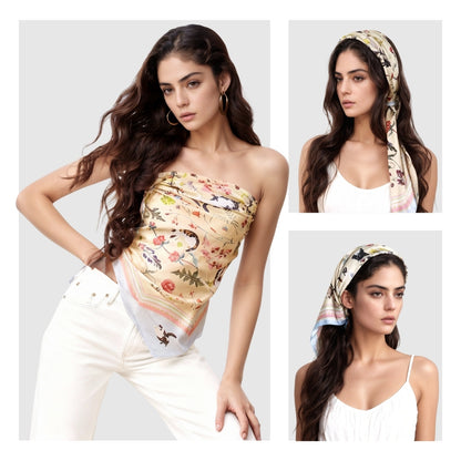 Yogis Cat and Flower Yellow Field Silky Scarf (90cm)