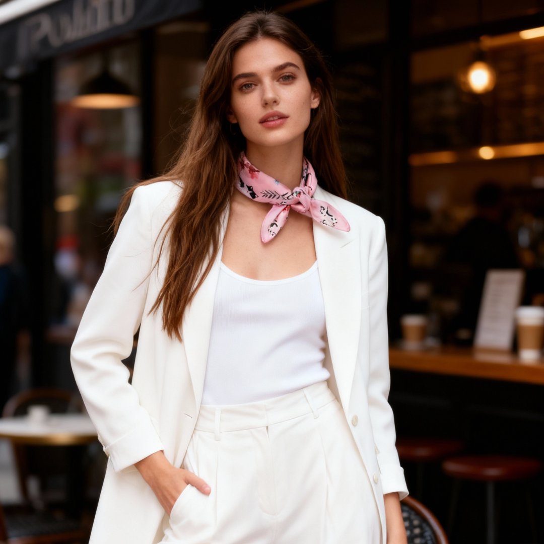 Yogis Cat and Flower Pink Field Silky Scarf (45cm)